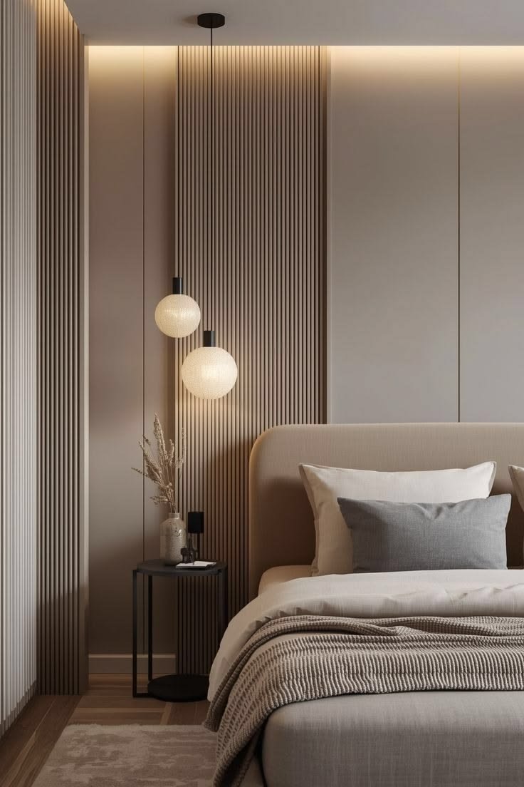Bedroom wall design with decorative fluted panels