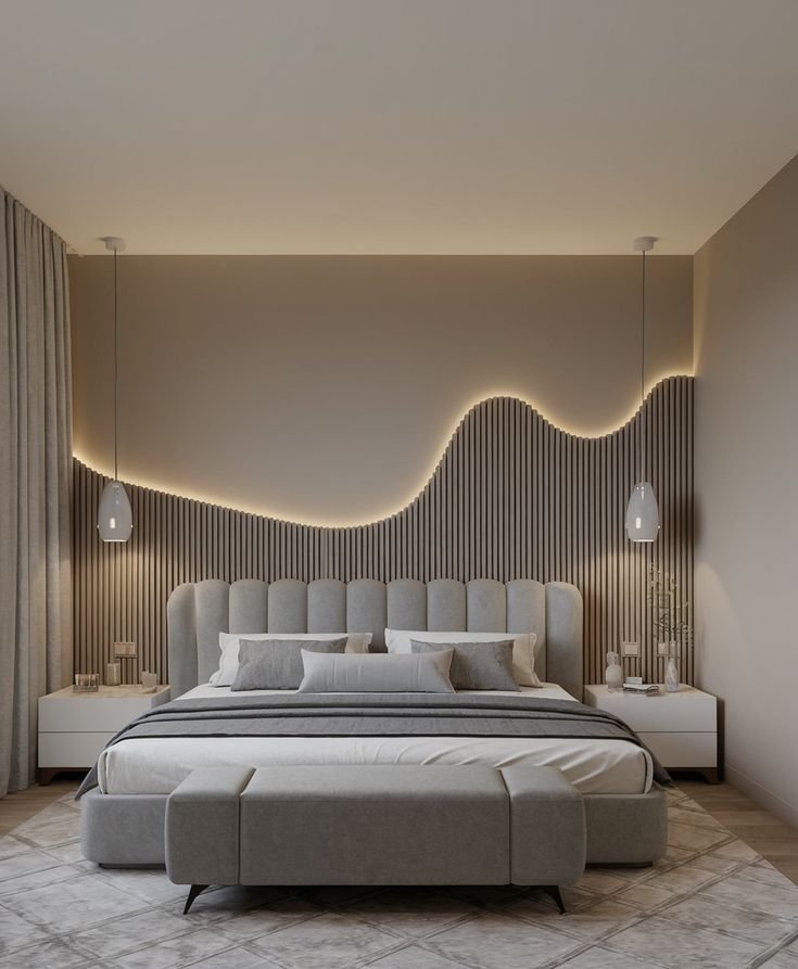 Bedroom wall design with decorative fluted panels