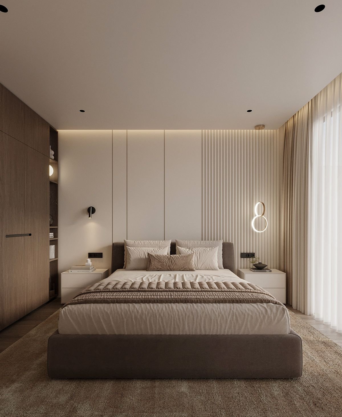 Bedroom wall design with decorative fluted panels