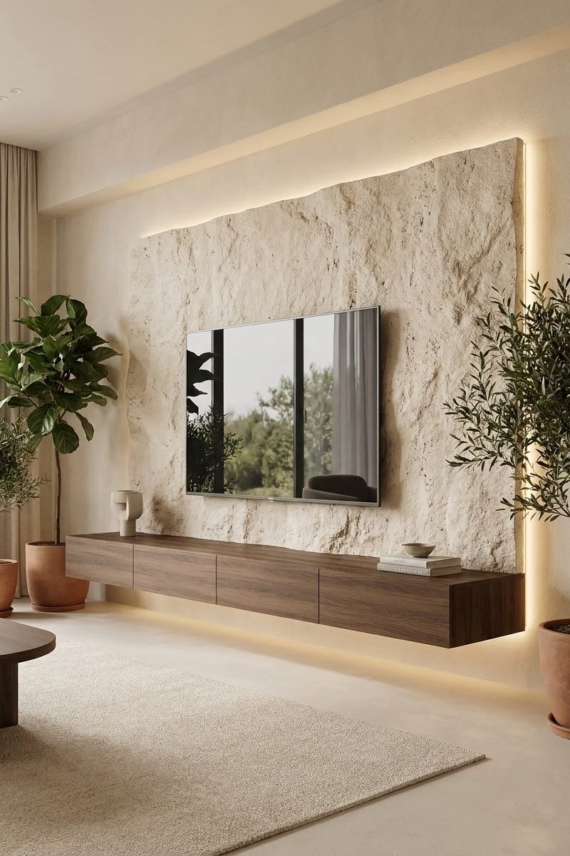 Textured stone TV wall