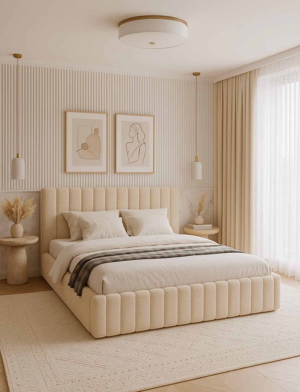 Bedroom wall design with decorative fluted panels