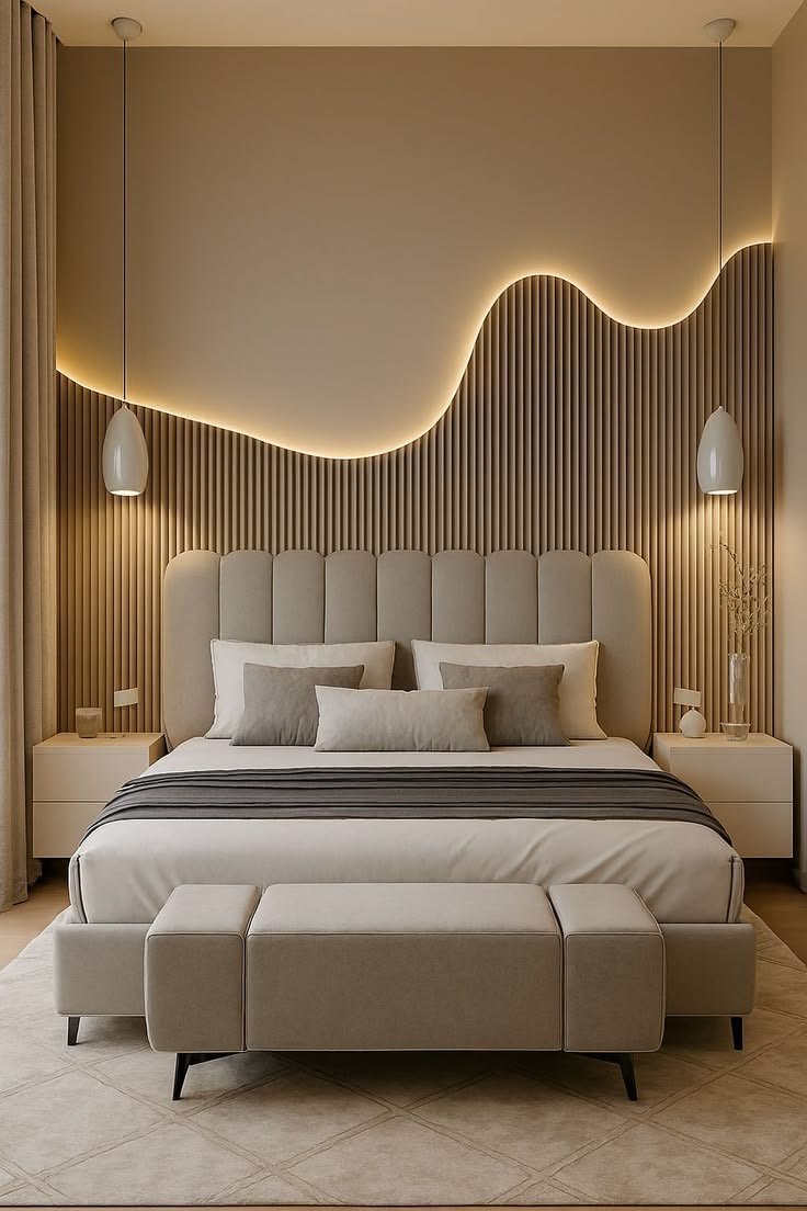 Bedroom wall design with decorative fluted panels