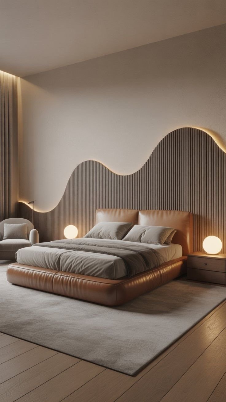 Bedroom wall design with decorative fluted panels