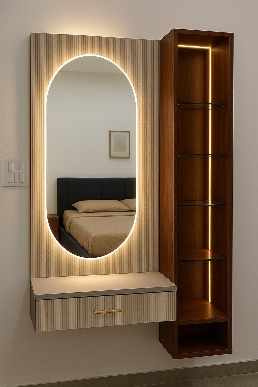 Oval illuminated dressing mirror with fluted panels