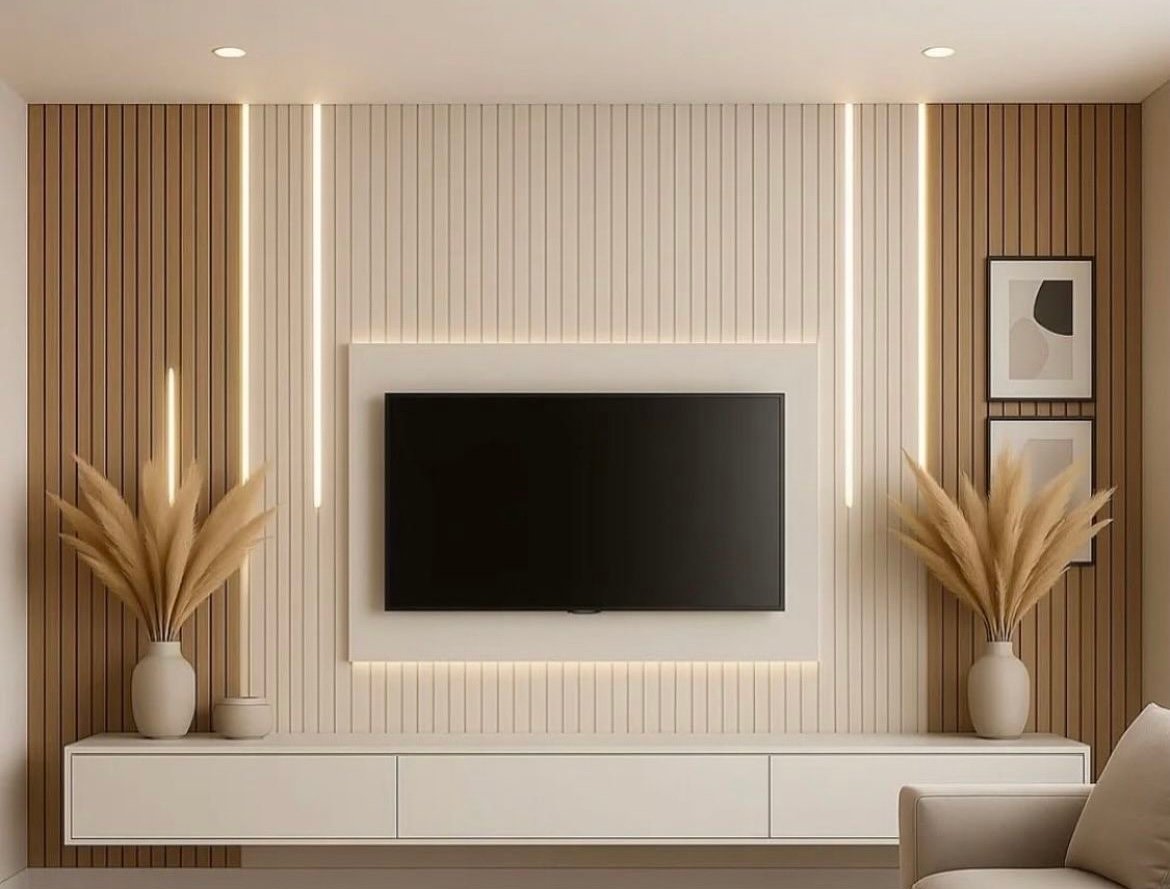 Contemporary slatted TV wall