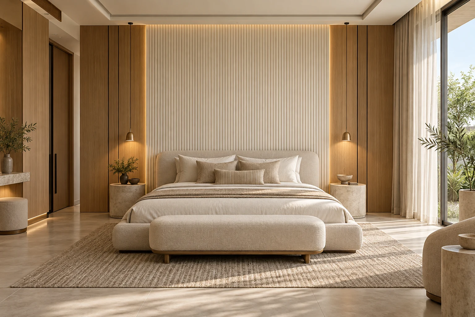 Original bedroom visualisation with ivory fluted wall panels and oak accents