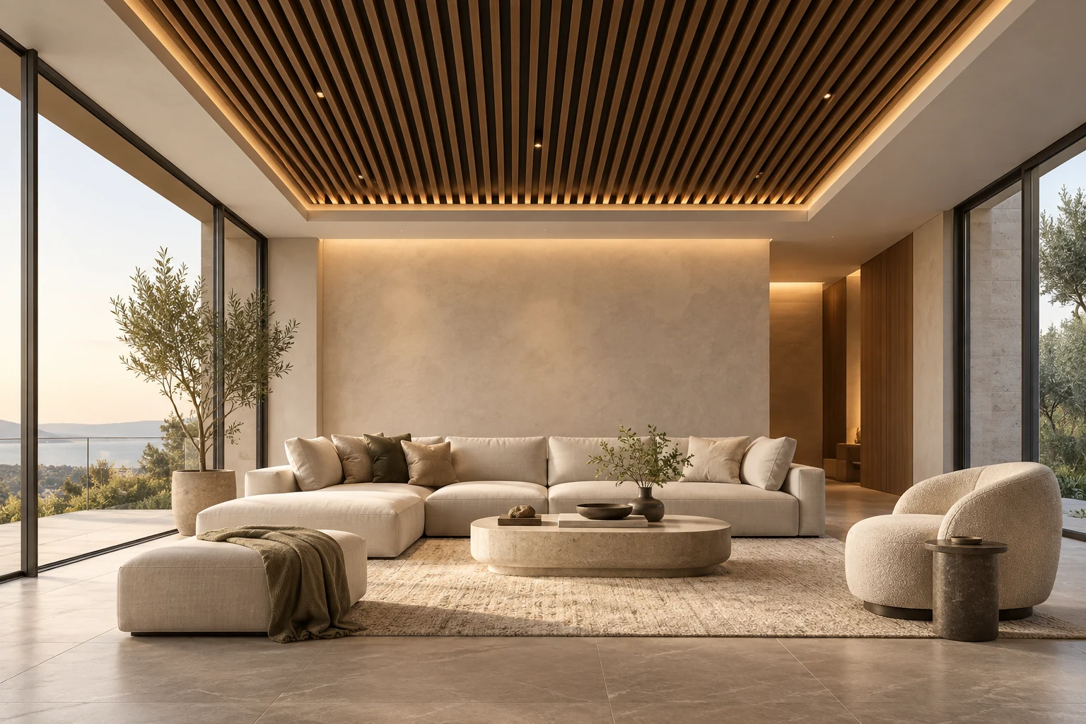 Living room with wood louver false ceiling