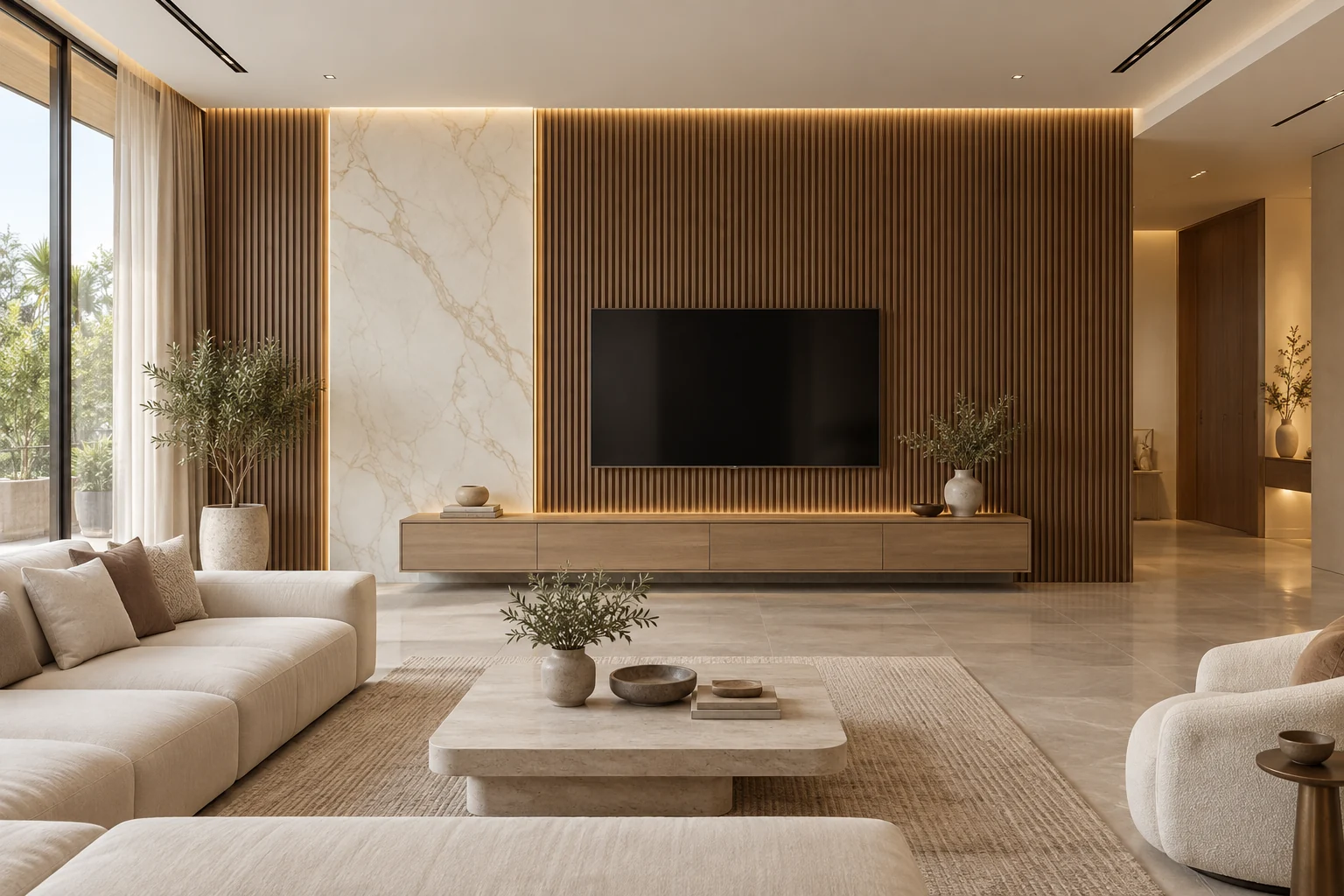 TV wall with vertical wood louvers