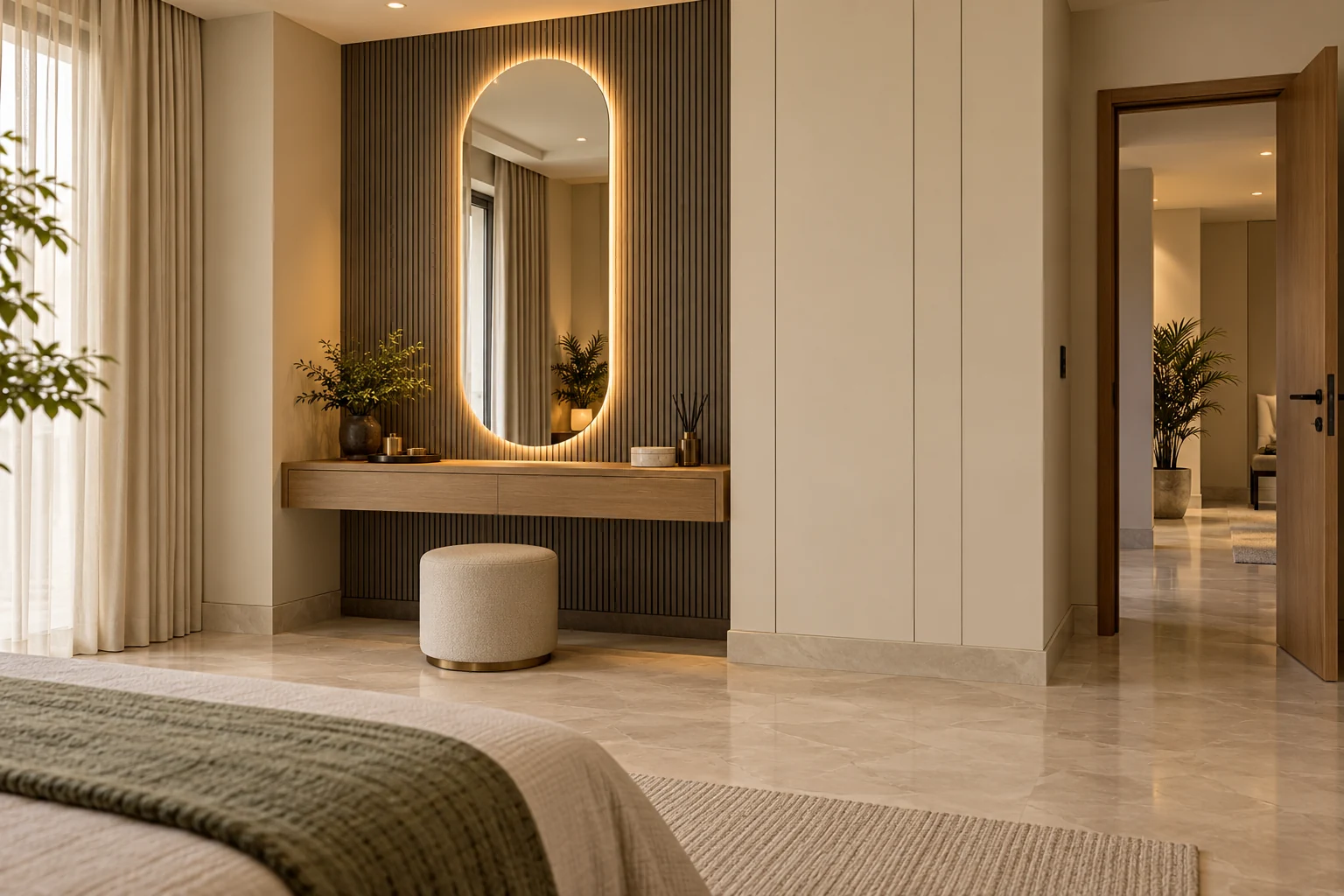 Backlit mirror with decorative wall panels